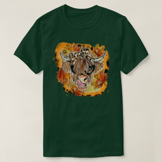 T-shirt Vache Automne Bleue Avec Bandana Citrouille Aut (Design devant)