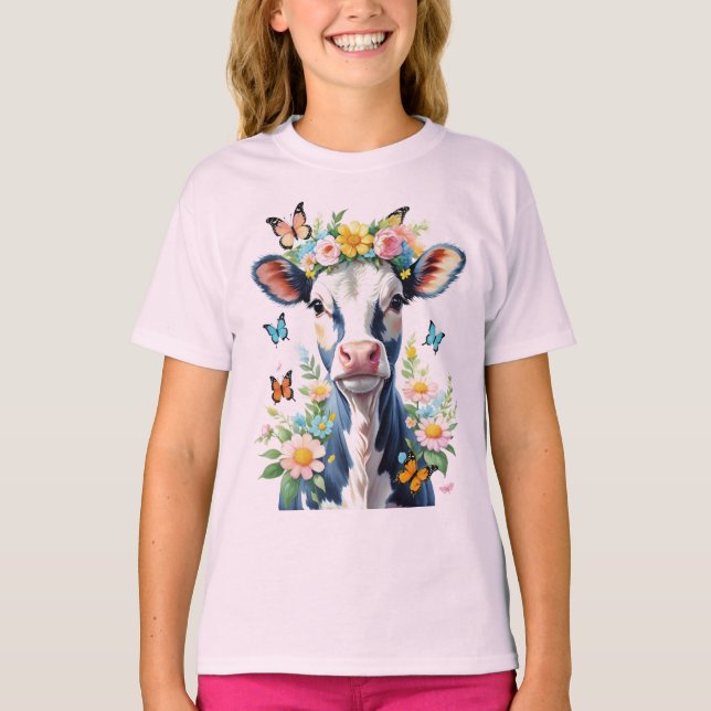 T-shirt Vache Bébée Noire Et Blanc Avec Couronne Fleur (Devant)
