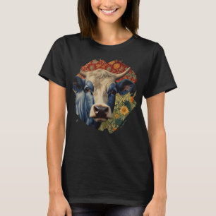 T-shirt Vache bleu rétro dans le jardin de tournesol
