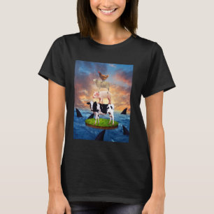 T-shirt Vache Cochon Mouton Poulet Dans La Mer Requins Ani