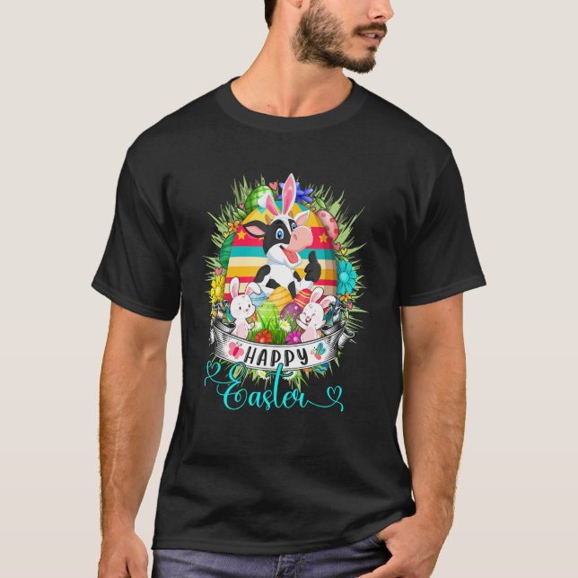 T-shirt Vache Dans Le Panier D'oeufs De Pâques Lapins Mign (Devant)