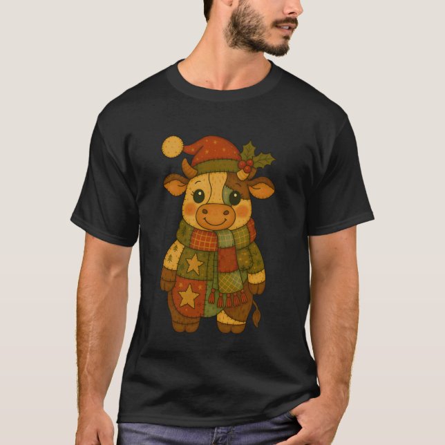 T-shirt Vache de Noël patchwork Fêtes d'hiver Xmas Animal (Devant)