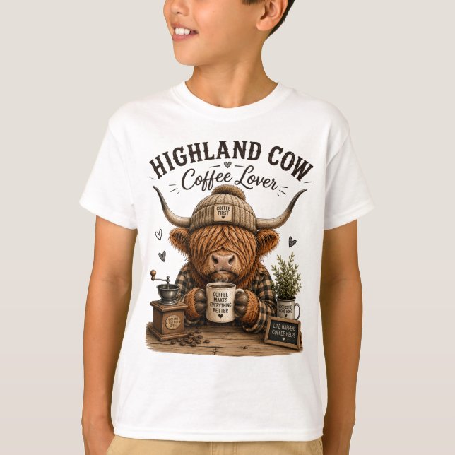 T-shirt Vache des Highlands Amoureuse de Café Graphisme Ré (Devant)