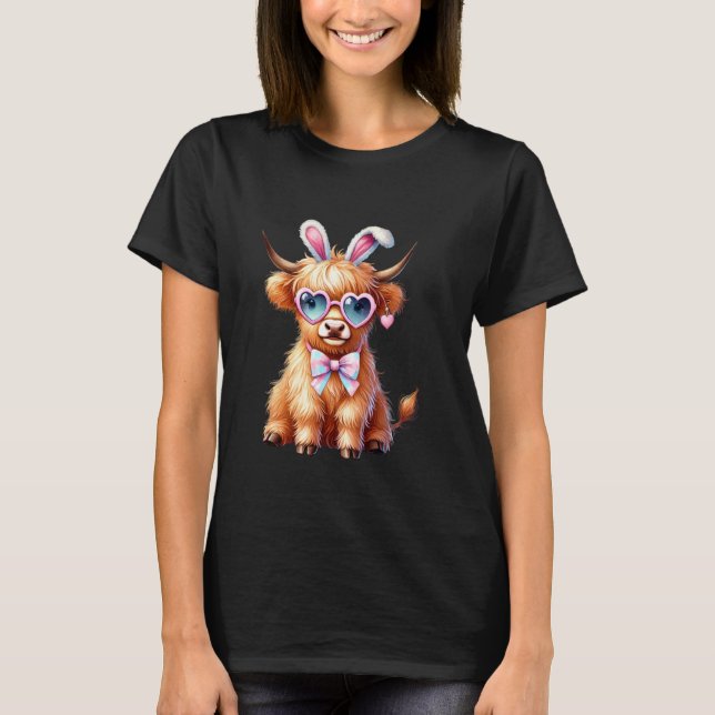 T-shirt Vache des Highlands avec oreilles de lapin et lune (Devant)