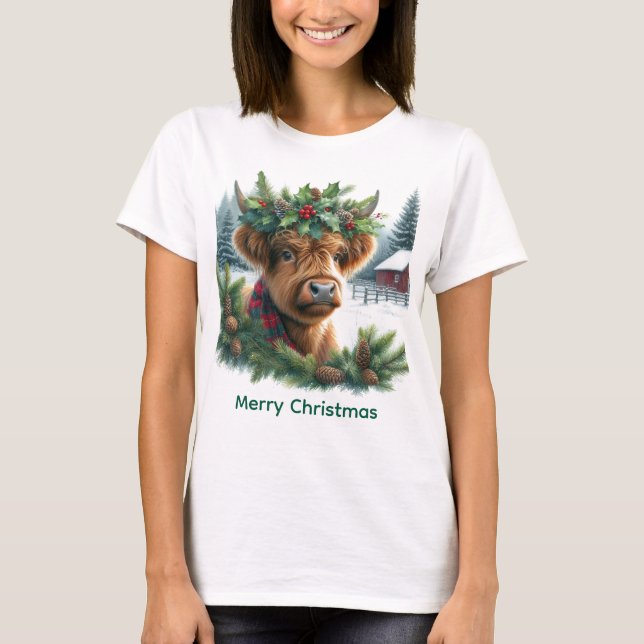 T-shirt Vache des Highlands de Noël avec pin  (Devant)