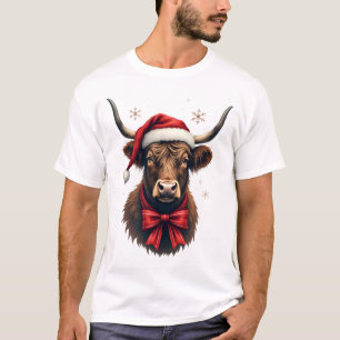 T-shirt Vache des Highlands de Noël vintage au chapeau de