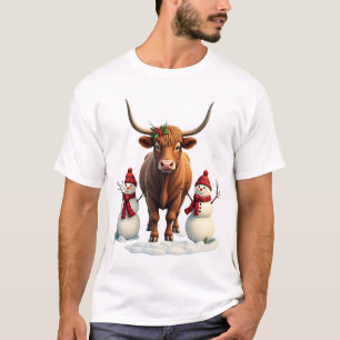 T-shirt Vache des Highlands de Noël vintage avec bonhommes