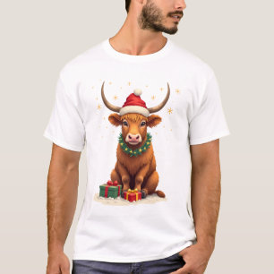 T-shirt Vache des Highlands de Noël vintage avec cadeaux H