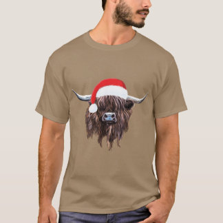 T-shirt Vache des Highlands Écossais Chapeau de Noël Santa