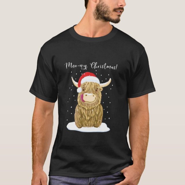 T-shirt Vache des Highlands Joyeux Noël Neige (Devant)