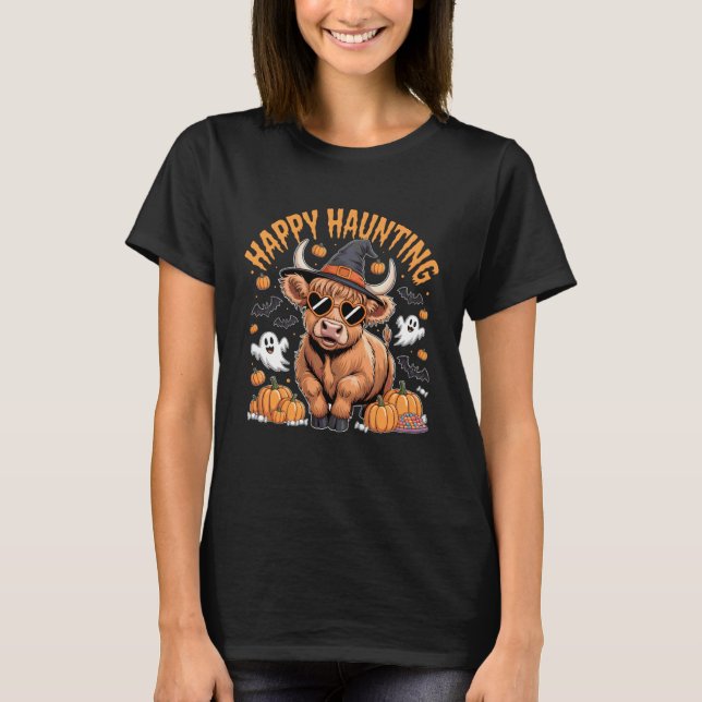 T-shirt Vache écossaise de Halloween sorcière mignonne han (Devant)