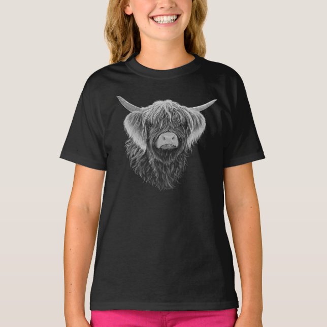 T-shirt Vache écossaise Highland avec cheveux balayés par  (Devant)