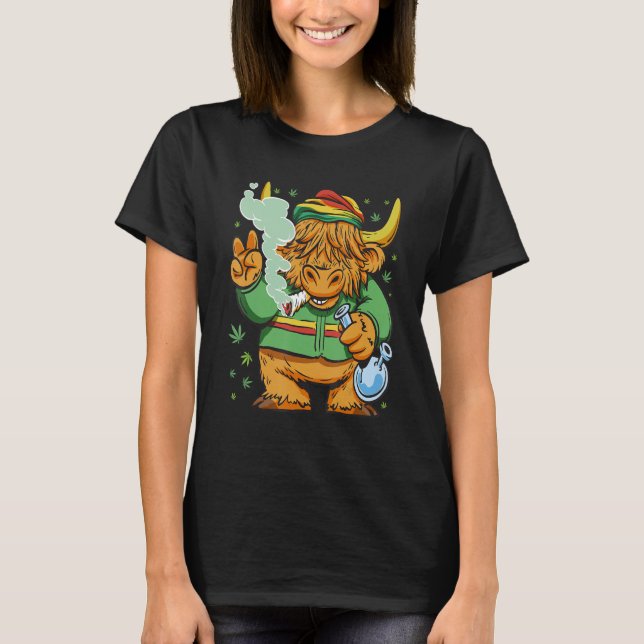 T-shirt Vache Écossaise Rasta Fumant De L'herbe Reggae Drô (Devant)