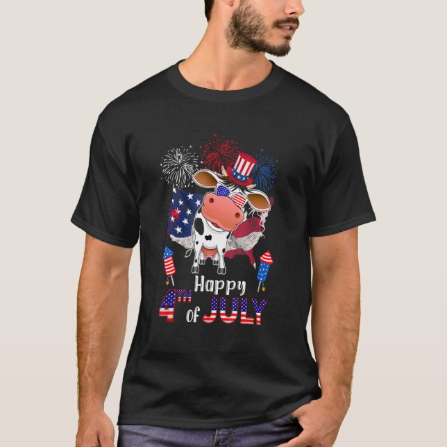 T-shirt Vache Fière Drapeau Américain Feux d'Artifice Joye (Devant)