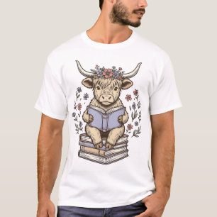 T-shirt Vache Florale de Lecture Mignonne Pile de Livres D