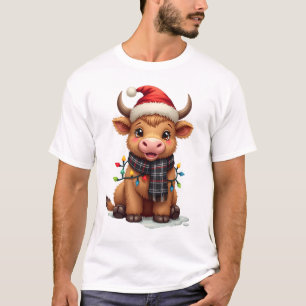 T-shirt Vache Highland de Noël vintage avec chapeau de Pèr