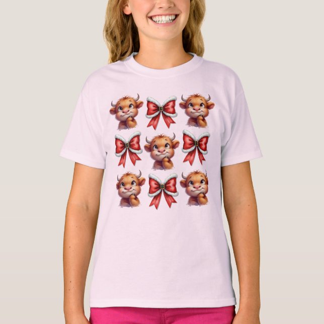 T-shirt Vache Highland et coquette de Noël Bow (Devant)