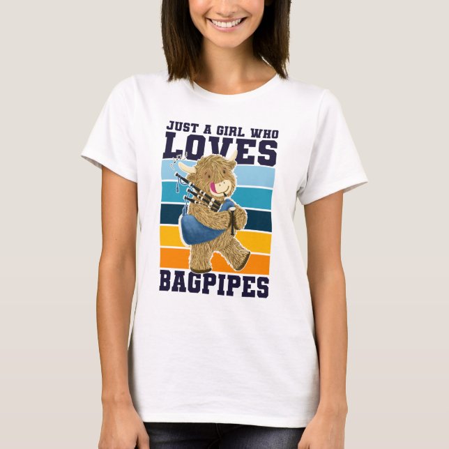 T-shirt Vache Highland Juste Une Fille Qui Aime Les Bagpip (Devant)
