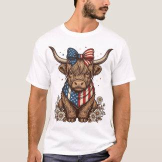 T-shirt Vache Highland Patriotique Vintage