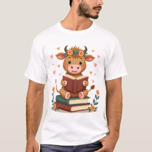 T-shirt Vache Highland Vintage Lisant des Livres Floral Cu