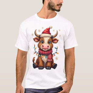T-shirt Vache Highland vintage Noël au chapeau de Père Noë