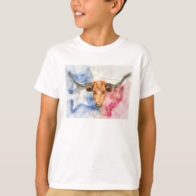 T-shirt Vache Longhorn avec carte du Texas et drapeau aqua (Devant)
