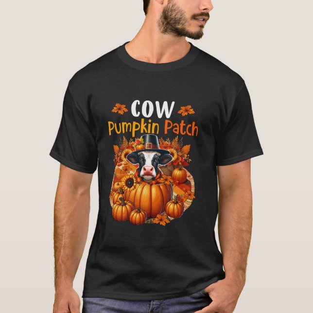 T-shirt Vache Mignon Patch Action de grâce Citrouilles Feu (Devant)