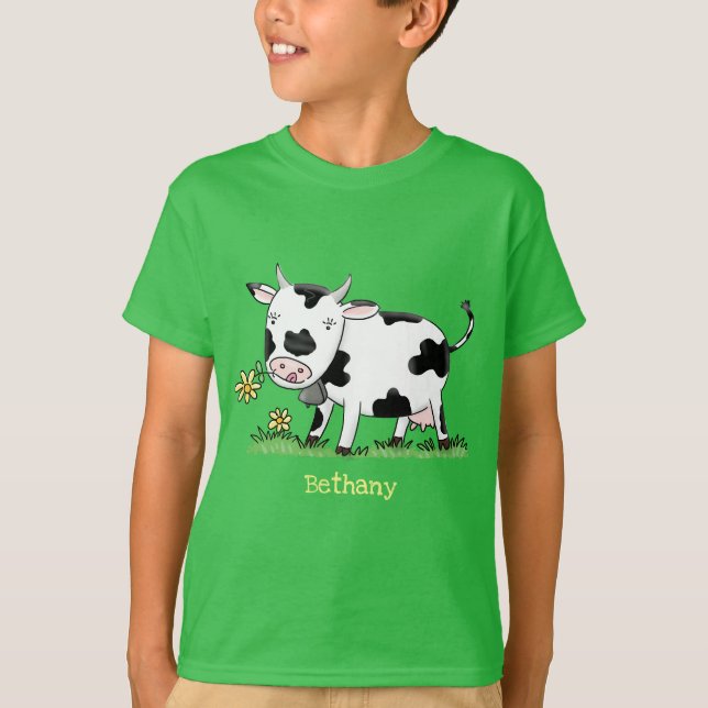 T-shirt Vache mignonne en vert dessin animé sur le terrain (Devant)