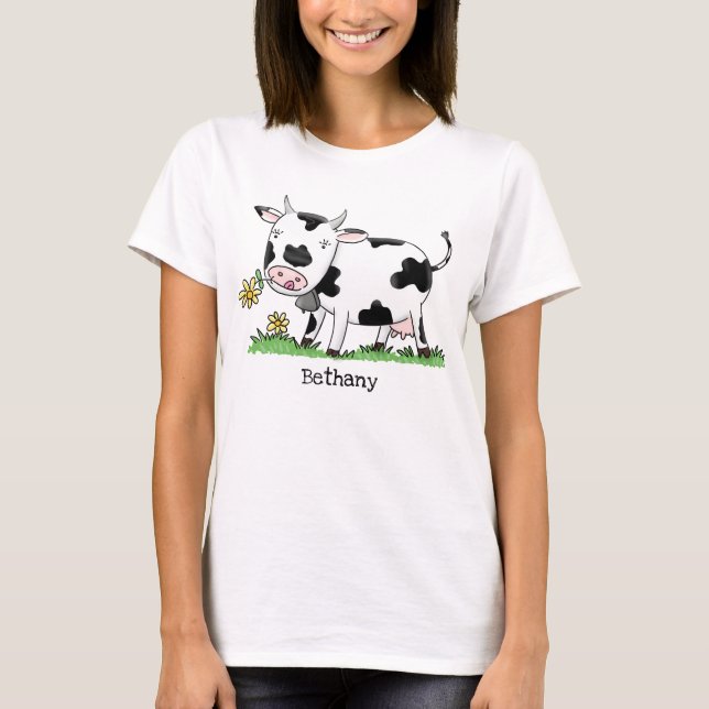 T-shirt Vache mignonne en vert dessin animé sur le terrain (Devant)