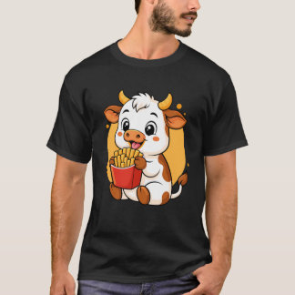 T-shirt Vache Mignonne Mangeant des Frites Drôle Kawaii An