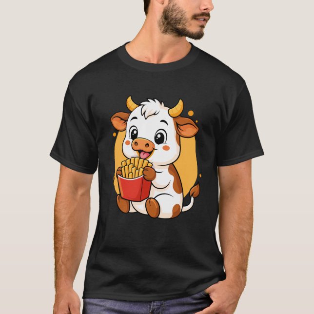 T-shirt Vache Mignonne Mangeant des Frites Drôle Kawaii An (Devant)