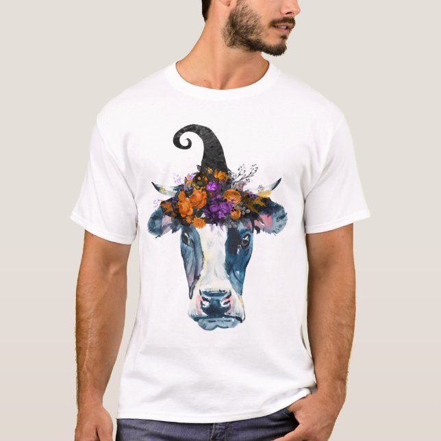 T-shirt Vache noire blanche sorcière Halloween (Devant)