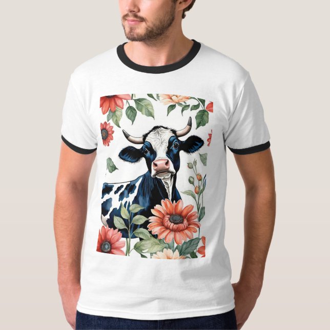 T-shirt Vache noire et blanche avec des fleurs orange (Devant)