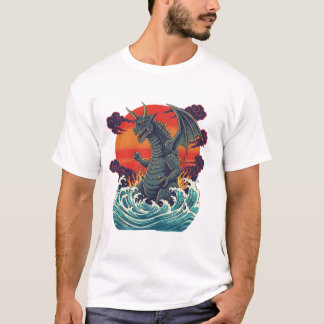 T-shirt Vague de soleil couchant rétro de monstre japonais