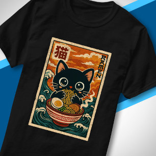 T-shirt Vague japonaise rétro Mignon Chat noir mangeant du