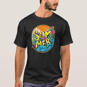 T-shirt Vagues D'Été Colorées Fleurs D'Hibiscus Et Banane