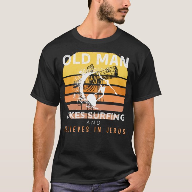 T-shirt Vagues Divines : Vieux Mans Grumpy Jesus Surfing & (Devant)