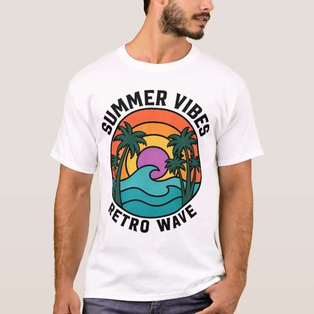T-shirt Vagues Rétro d'Été Palmiers Coucher de Sol (Devant)