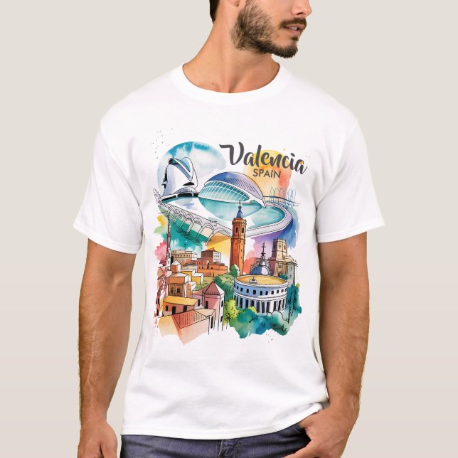 T-shirt Valencia Spain Cityscape Watercolor Travel Custom (Devant)