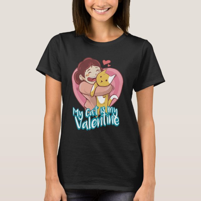 T-shirt Valentine Cat Women Black  (Devant)