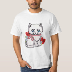 T-shirt Valentine Chat Kitten Blanc