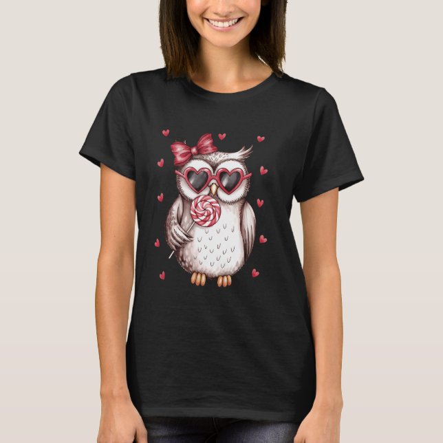 T-shirt Valentine Cute Owl Lover Licking Lollipop (Devant)