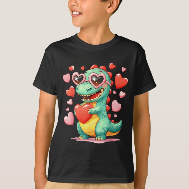 T-shirt Valentine Dinosaur Trex Holding Heart Girl Sunl Bo (Devant)