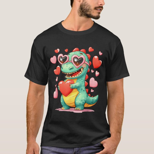 T-shirt Valentine Dinosaur Trex Holding Heart Girl Sunl Bo (Devant)