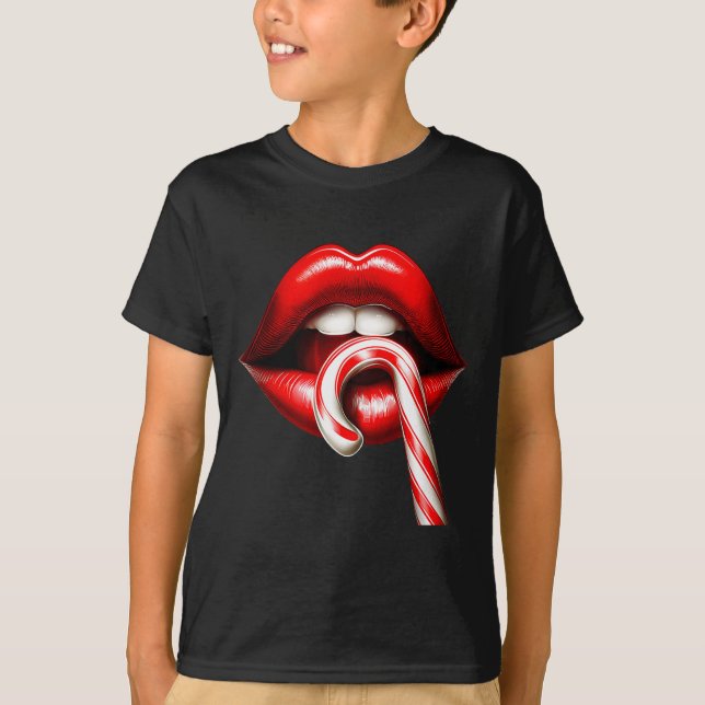 T-shirt Valentine Lips Kisses Valentines Funny Candy Cane  (Devant)