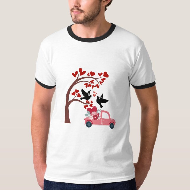 T-shirt Valentine Love Birds & Floral Pink Truck Tee (Devant)
