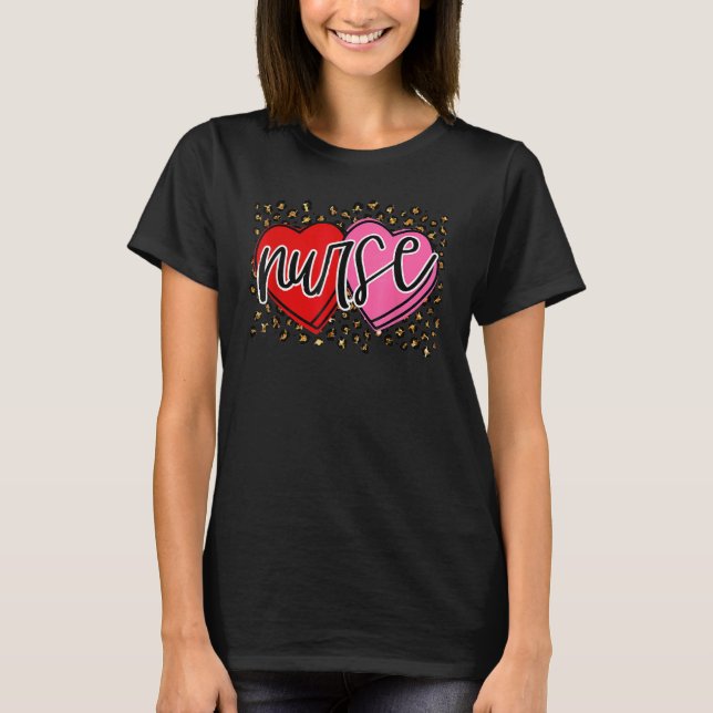 T-shirt Valentine Nurse Retro Heart Leopard Happy Valentin (Devant)