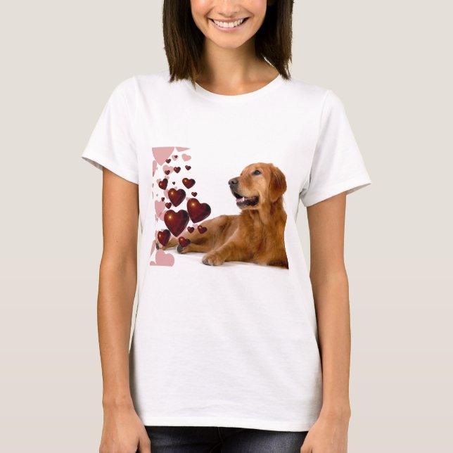 T-shirt Valentine Red Hearts Golden Retriever Chien (Devant)