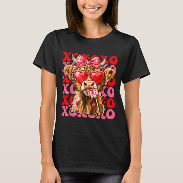 T-shirt Valentine Xoxo Highland Cow Cute Coquette Bow West (Devant)