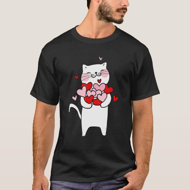T-shirt Valentine's Cat Holding Hearts Cat Lover Cat Owner (Devant)